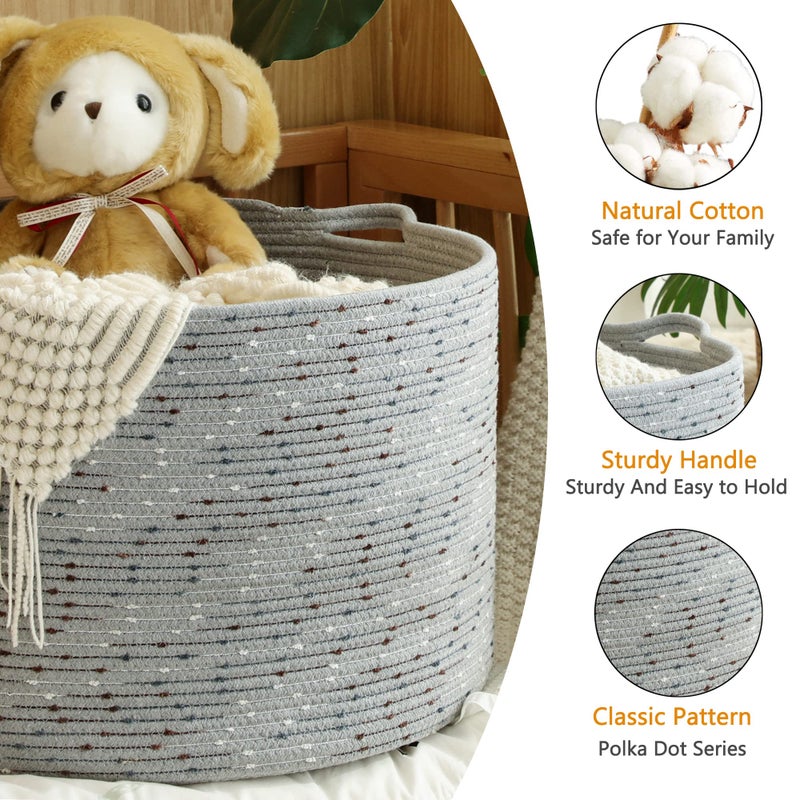 KAKAMAY Large Blanket Basket (20"x13"),Woven Baskets for storage Baby Laundry Hamper, Cotton Rope Blanket Basket for Living Room, Laundry, Nursery, Pillows, Grey with Blue & Brown Dotted - Image 3
