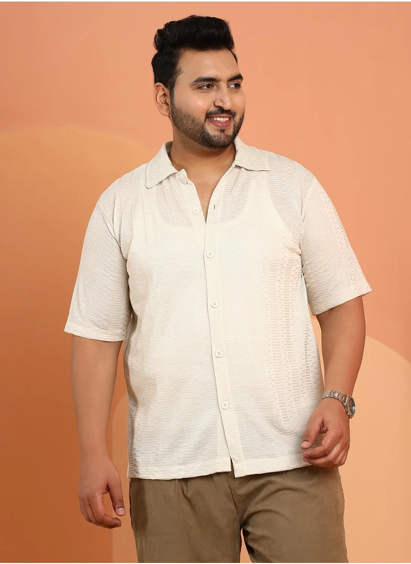 انستافاب بلس Instafab Plus Men's Off-White Dash-Ribbed Knit Polo Shirt For Casual Wear | Polo Neck | Short Regular Sleeves | Button Closure | Plus Size Shirt Crafted With Comfort Fit For Everyday Wear