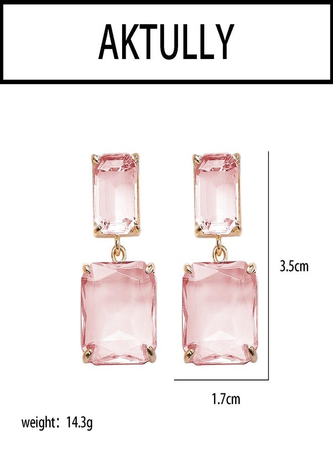 Aktully Pink Crystal Square Earrings for Women Clear Earrings Rhinestone Geometric Earrings Transparent Rectangle Drop Earrings Prom Earrings Wedding Bridal Birthday Jewelry for Women - Image 3