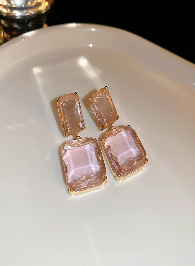 Aktully Pink Crystal Square Earrings for Women Clear Earrings Rhinestone Geometric Earrings Transparent Rectangle Drop Earrings Prom Earrings Wedding Bridal Birthday Jewelry for Women - Image 5