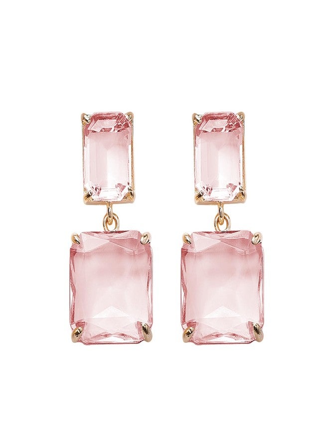 Aktully Pink Crystal Square Earrings for Women Clear Earrings Rhinestone Geometric Earrings Transparent Rectangle Drop Earrings Prom Earrings Wedding Bridal Birthday Jewelry for Women - Image 1