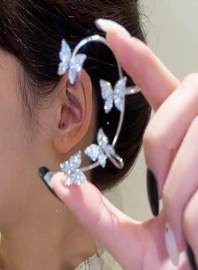 اتش تي اتش أقراط على شكل فراشة فضية لامعة مزينة بشرابة على شكل زهرة، أقراط لفافة الأذن بتصميم جنية، مناسبة للأذن اليمنى واليسرى، بدون ثقب، مشبك للأذن (B، فضي) - Image 2
