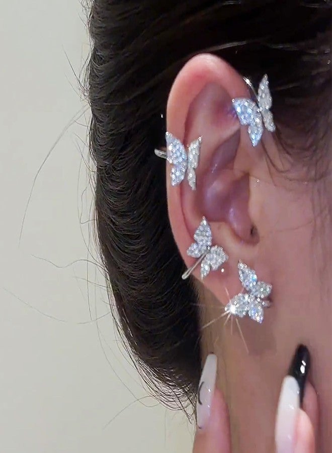 اتش تي اتش أقراط على شكل فراشة فضية لامعة مزينة بشرابة على شكل زهرة، أقراط لفافة الأذن بتصميم جنية، مناسبة للأذن اليمنى واليسرى، بدون ثقب، مشبك للأذن (B، فضي) - Image 3