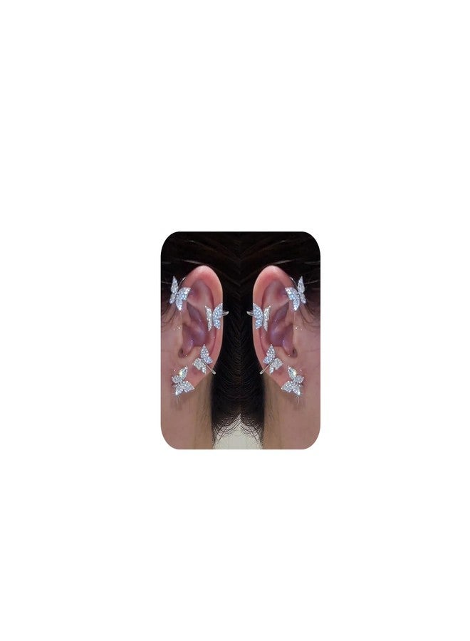 اتش تي اتش أقراط على شكل فراشة فضية لامعة مزينة بشرابة على شكل زهرة، أقراط لفافة الأذن بتصميم جنية، مناسبة للأذن اليمنى واليسرى، بدون ثقب، مشبك للأذن (B، فضي) - Image 1