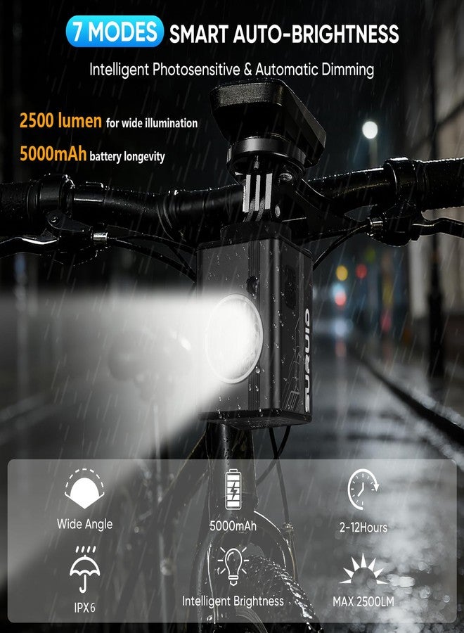 Suruid 2500 Lumens Light Auto-Sensing Bike Lights for Night Riding, Super Bright Aluminum IPX6 Waterproof Bike Headlight, 6Mode Bicycle Light, Tool-Free, Bike Headlight for Mountain Road Bike - Image 4