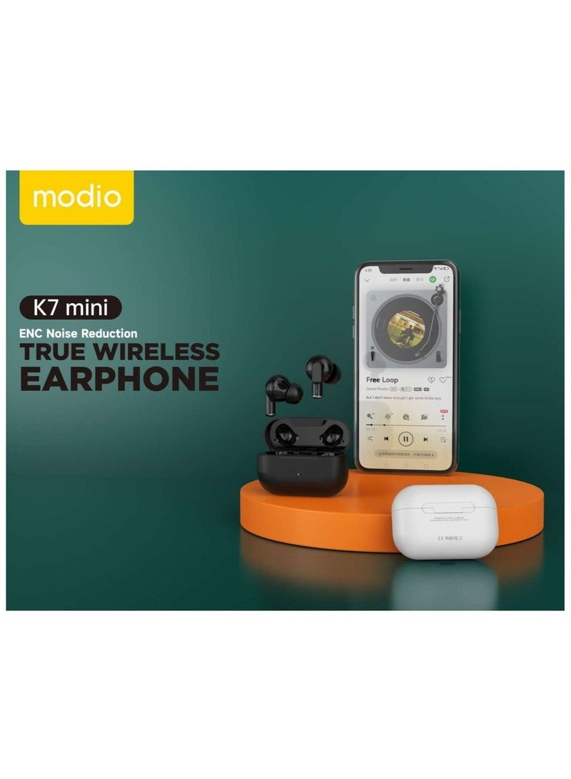 modio K7 Mini True Wireless Earphones with ENC Noise Reduction - Super Bass Sound, HD Clear Microphone & Multifunctional Touch Control – Compatible with Android Mobiles and Tablets – White || Premium Audio Quality with Noise Cancelling & Touch Control Features - Image 4
