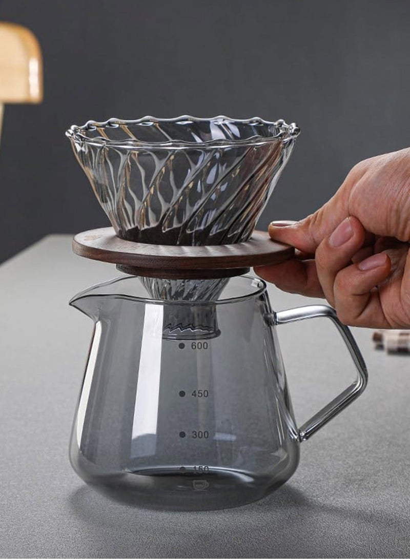 هومستر V60 صانع القهوة 600 مل، 2-4 أكواب، إبريق قهوة زجاجي مع فلتر V60، صينية خشبية أصلية للاستخدام في المنزل أو المكتب المقهى زاوية القهوة.  - Image 2