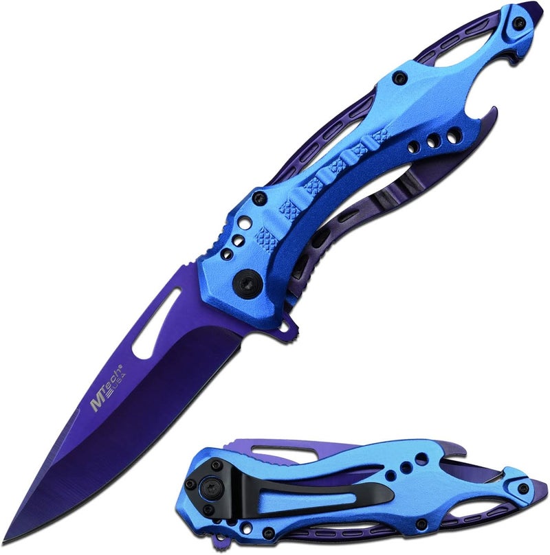 MTECH USA Folding Knife, 3.75-Inch Half-Serrated Blade, Titanium Coating, Glass Breaker, Pocket Clip - Image 1