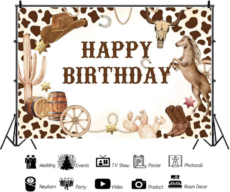 Laeacco 5x3ft Western Cowboy Birthday Backdrop Wild West Rodeo Yeehaw Boot Horse Happy Birthday Photography Background Baby Shower Boys Birthday Party Cake Table Decoration Banner Photo Booth Props - Image 2