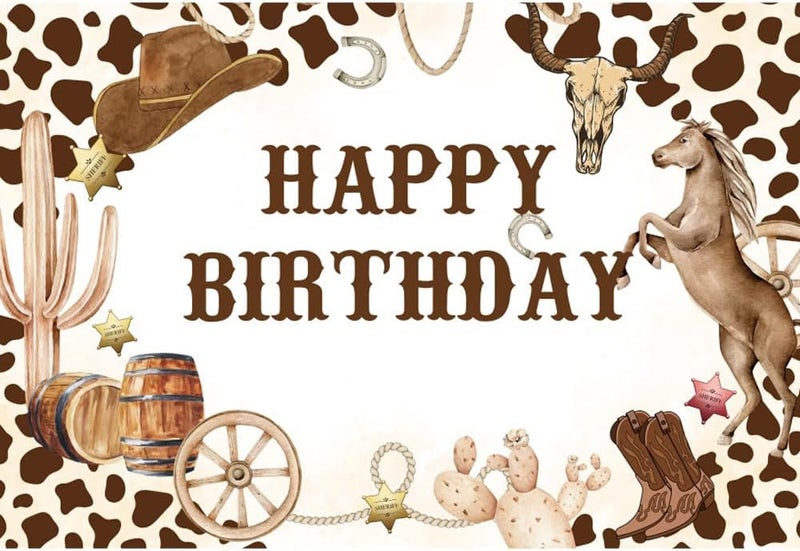 Laeacco 5x3ft Western Cowboy Birthday Backdrop Wild West Rodeo Yeehaw Boot Horse Happy Birthday Photography Background Baby Shower Boys Birthday Party Cake Table Decoration Banner Photo Booth Props - Image 1