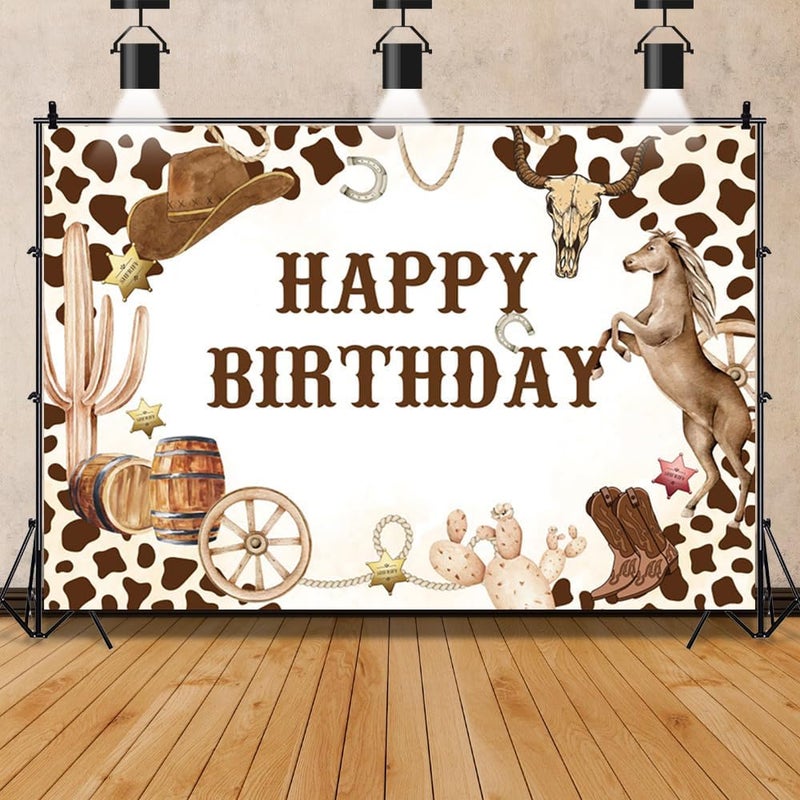 Laeacco 5x3ft Western Cowboy Birthday Backdrop Wild West Rodeo Yeehaw Boot Horse Happy Birthday Photography Background Baby Shower Boys Birthday Party Cake Table Decoration Banner Photo Booth Props - Image 4