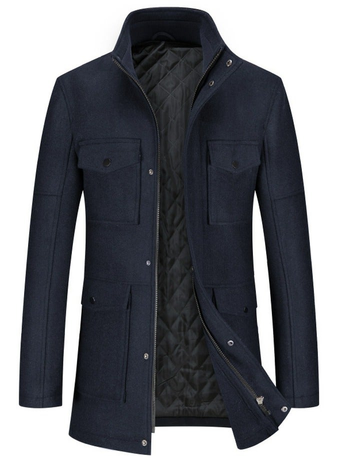 Loquat Men's Double Collar Wool Blend Coat Winter Thick Trench Jacket Navy Blue  - Image 1