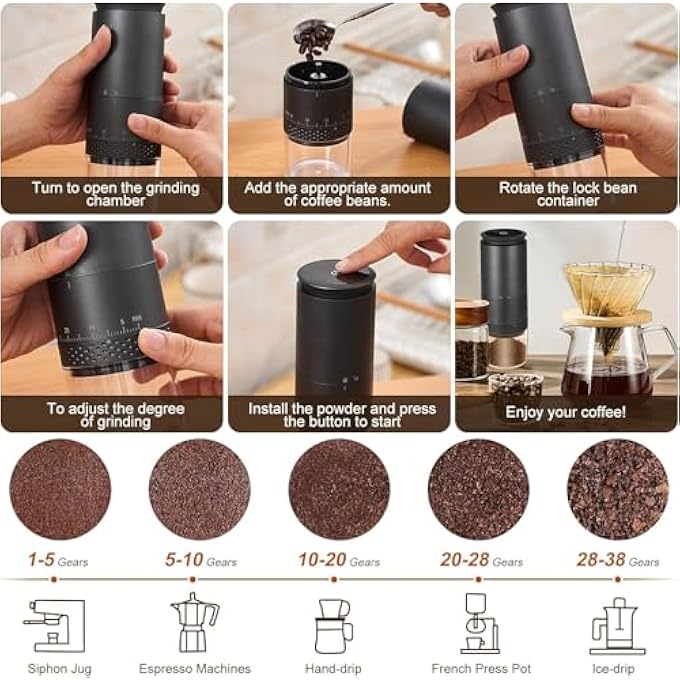 أكلو مطحنة قهوة، ماكينة قهوة كهربائية محمولة مع 38 إعداد طحن، وفرشاة قابلة للشحن بشاشة LCD USB مدرجة للاستخدام المنزلي للإسبريسو بصب فوق فرنش برس للسفر المنزلي - Image 4