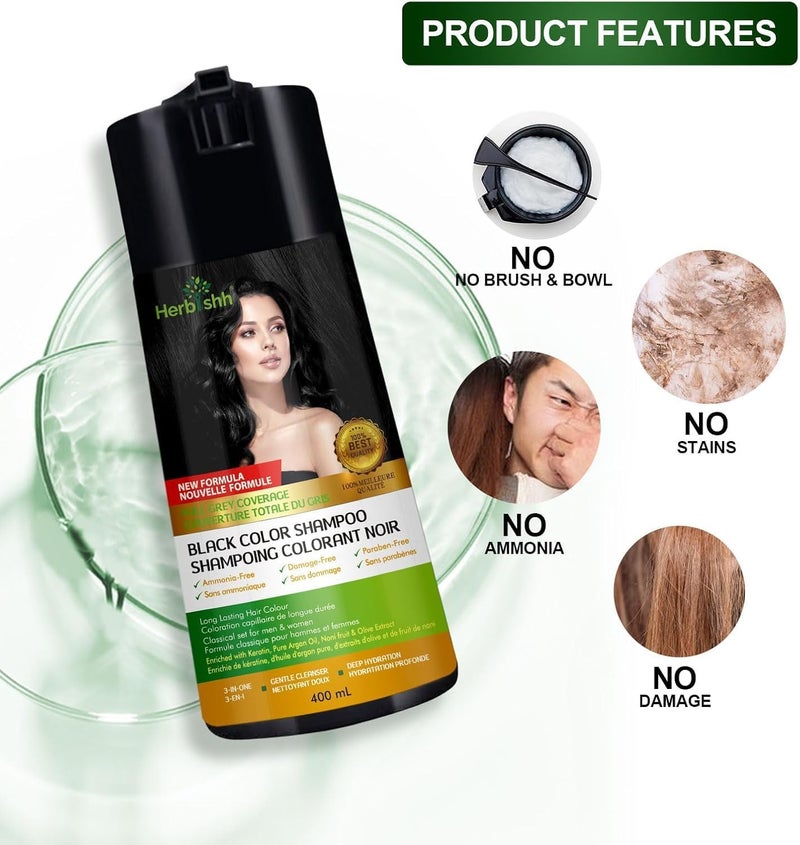 Herbishh PPD Free Hair Colour Shampoo Black 400ml + Travel Sized Hair Dye Stain Remover Wipes 5-Pack - Image 2