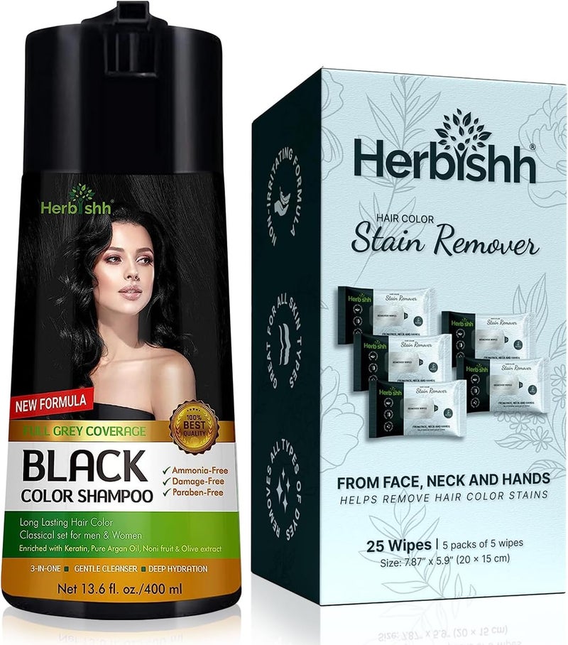 Herbishh PPD Free Hair Colour Shampoo Black 400ml + Travel Sized Hair Dye Stain Remover Wipes 5-Pack - Image 1