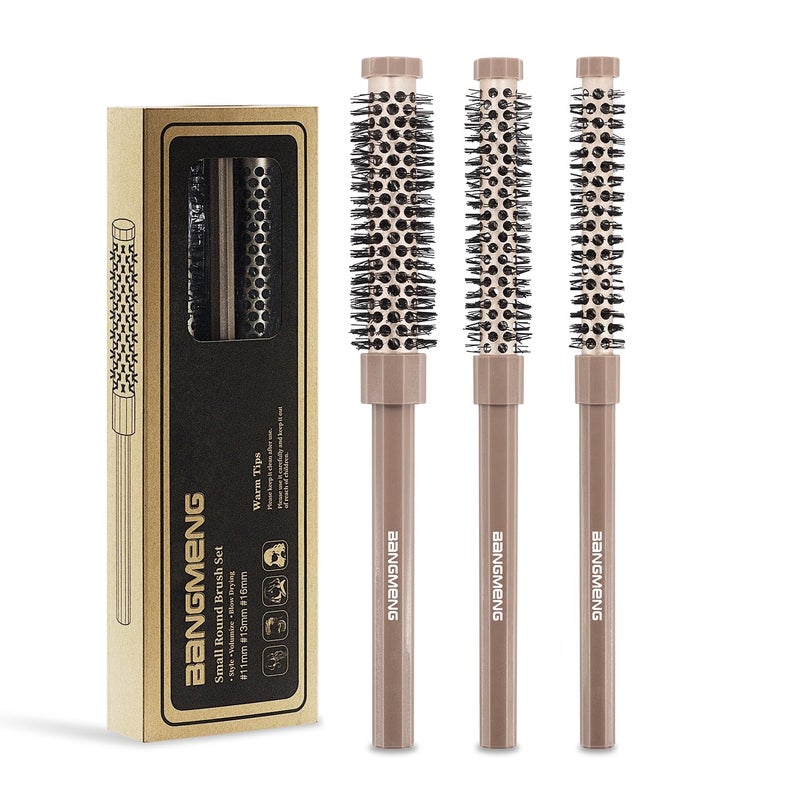 BANGMENG 3 Pieces Small Round Brush Set, 3/7 1/2 5/8 Inch Barrel HairBrush for Blow Drying, Soft Bristles Style Volumize Hair Brush for Women Men Short Hair, Bangs, Roots, Curling, Straight - Image 1
