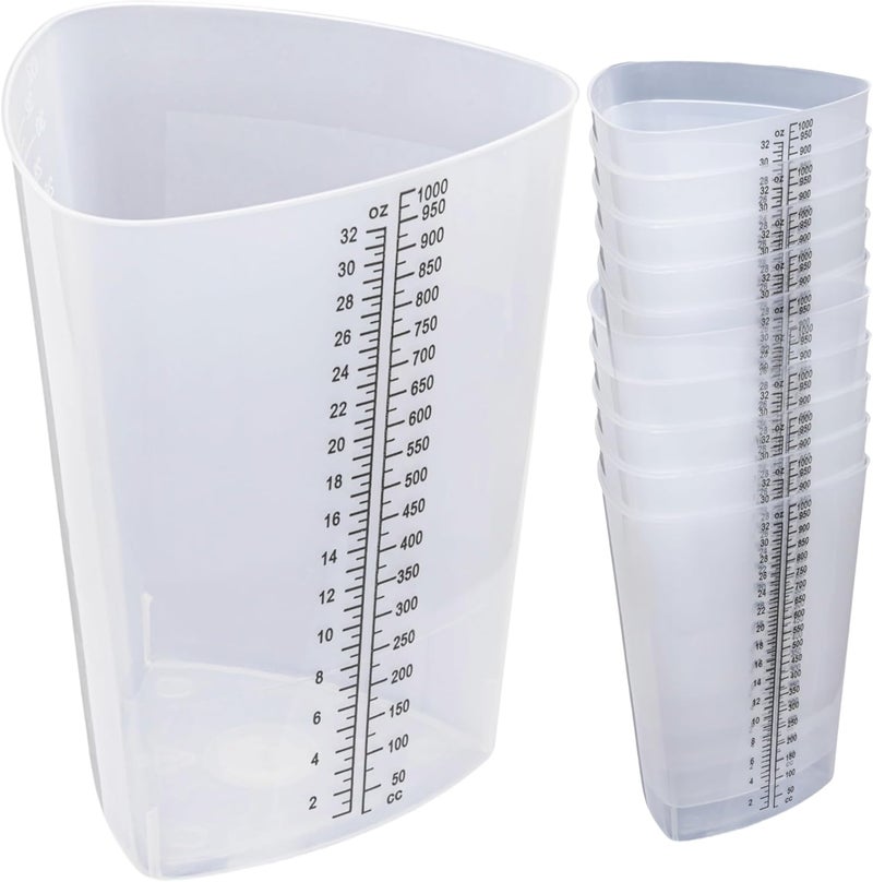 Vakly Plastic Graduated Triangular Intake Output Container [10 Pack] 32 Ounce Three-Sided Translucent Laboratory Beaker for Measuring and Mixing - Clear Markings in oz and cc - for Specimen, Paint and Epoxy - Image 1
