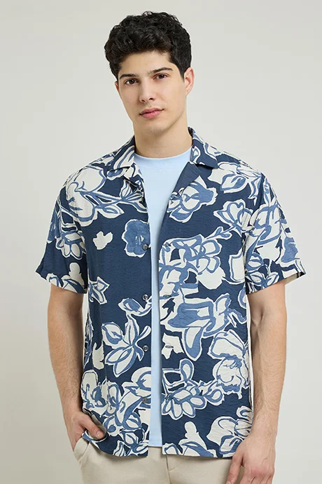 أر أند بي Patterned Shirt with Revere Collar and Short Sleeves