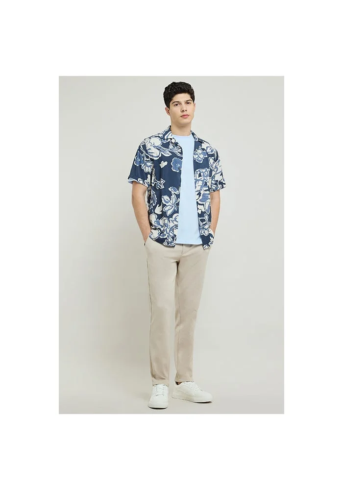 R&b Patterned Shirt with Revere Collar and Short Sleeves