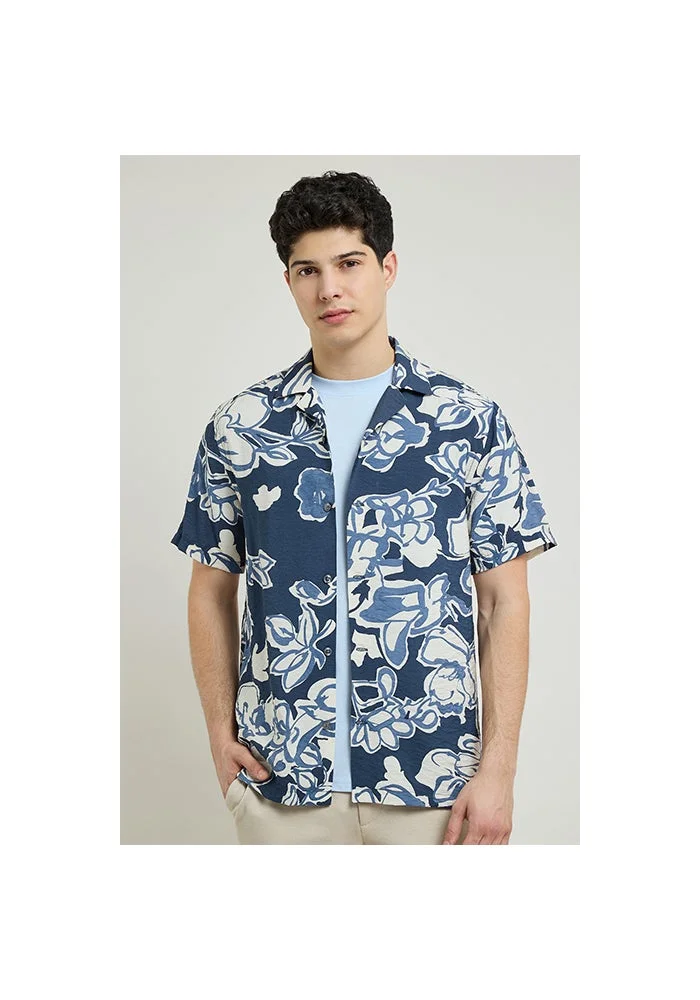 R&b Patterned Shirt with Revere Collar and Short Sleeves