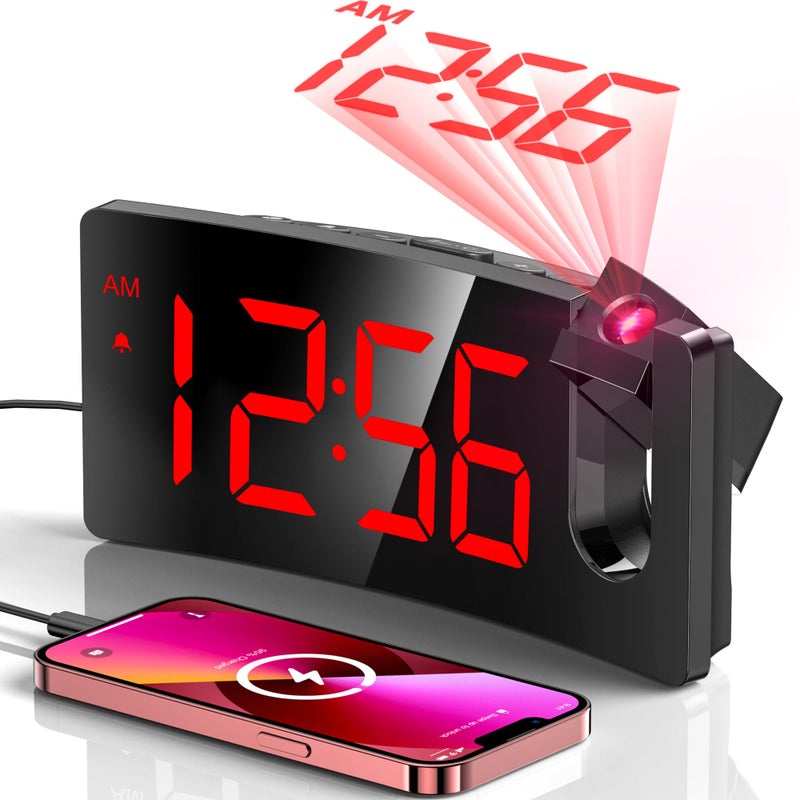 GOLOZA Projection Alarm Clock Digital Clock with Modern Curved Design 180 Rotatable Projector 3Level Brightness Dimmer Clear Red LED Display Progressive Volume 9mins Snooze1224H for Bedroom