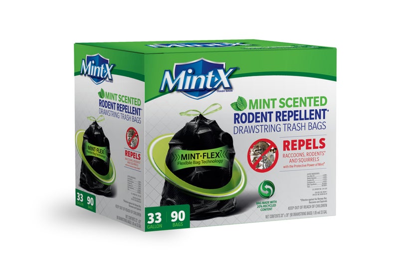 Mint-X Rodent Repellent Outdoor Home and Industrial Trash Bags with Drawstring & Mint-Flex Technology; 33 Gallon, 90 Count, Black - Image 1