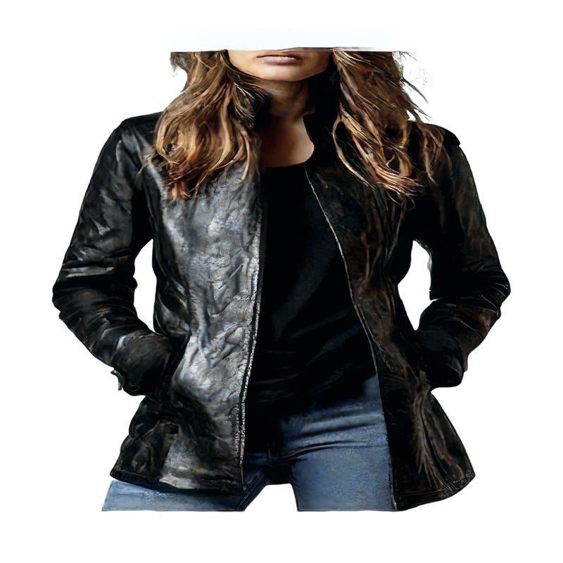 Women's PU Leather Jacket Long Sleeve Stand Collar Gothic Vintage Motorcycle Coat