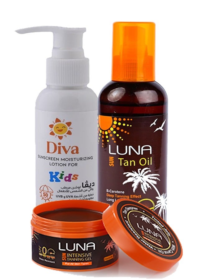 لونا مجموعة تان التسمير ( واقي شمس اطفال 100 ملي  - زيت تسمير 200 ملي- جل تسمير 130جرام )
