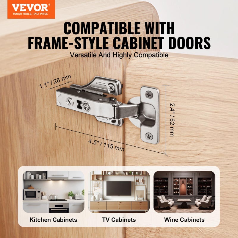 VEVOR Cabinet Hinges, 50 Pack Full Overlay Soft Close Concealed Cupboard Hinges for Framed + Frameless Cabinet Type, with Mounting Screws - Image 2