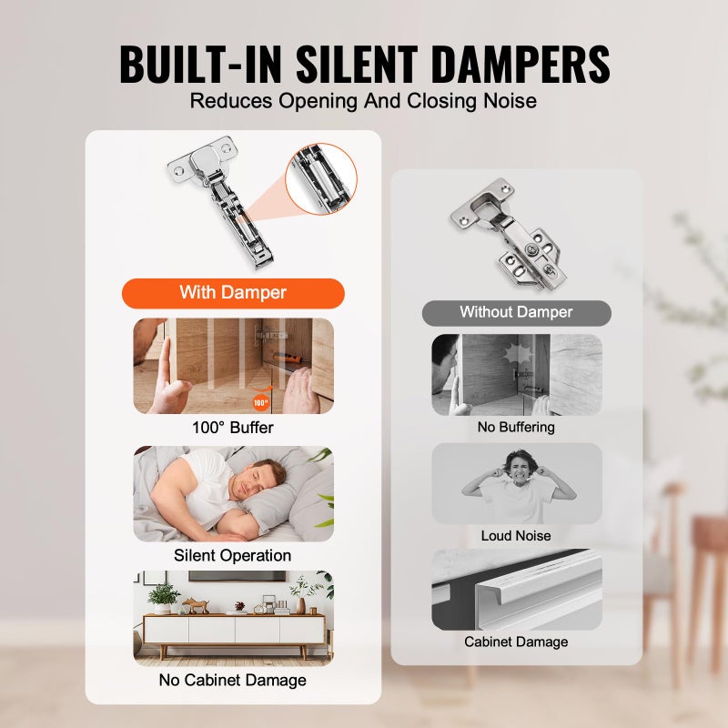 VEVOR Cabinet Hinges, 50 Pack Full Overlay Soft Close Concealed Cupboard Hinges for Framed + Frameless Cabinet Type, with Mounting Screws - Image 3