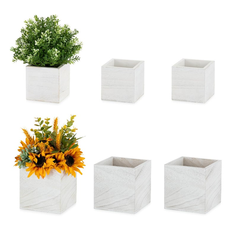 NUPTIO Wooden Box for Centerpiece Wedding: 6 Pcs Rustic Square Planter Box Farmhouse Table Fall Decor - 4Ã—4" & 5Ã—5" Whitewashed Small Wood Vases Flower Pots for Windowsill Home Garden - Image 1