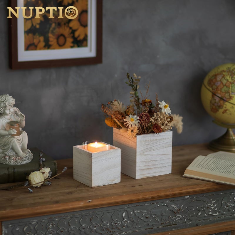 NUPTIO Wooden Box for Centerpiece Wedding: 6 Pcs Rustic Square Planter Box Farmhouse Table Fall Decor - 4Ã—4" & 5Ã—5" Whitewashed Small Wood Vases Flower Pots for Windowsill Home Garden - Image 2