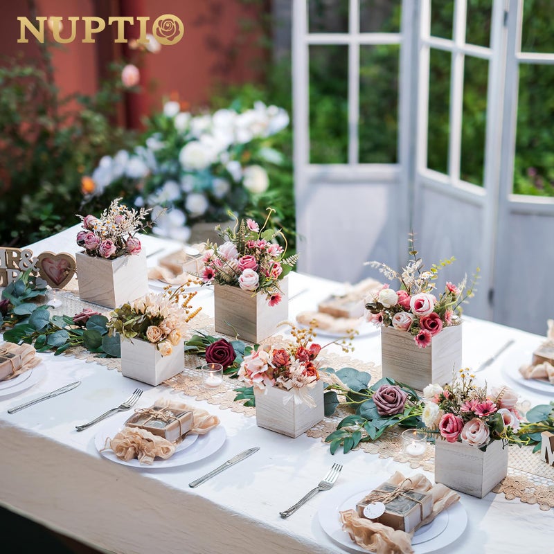 NUPTIO Wooden Box for Centerpiece Wedding: 6 Pcs Rustic Square Planter Box Farmhouse Table Fall Decor - 4Ã—4" & 5Ã—5" Whitewashed Small Wood Vases Flower Pots for Windowsill Home Garden - Image 3