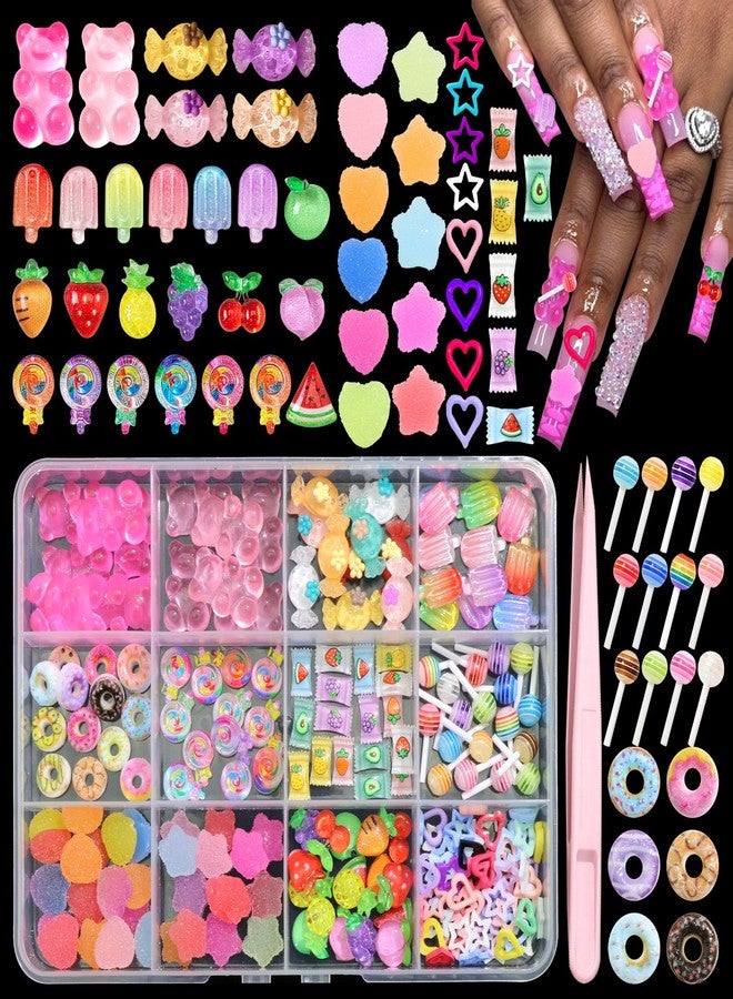 BELICEY 3D Candy Nail Charms Assorted Lollipop Gummy Bear Donuts Charms for Nails Cute Colorful Acrylic Heart Star Nail Accessories for DIY Nail Art Design Crafts with Pickup Tools - Image 1