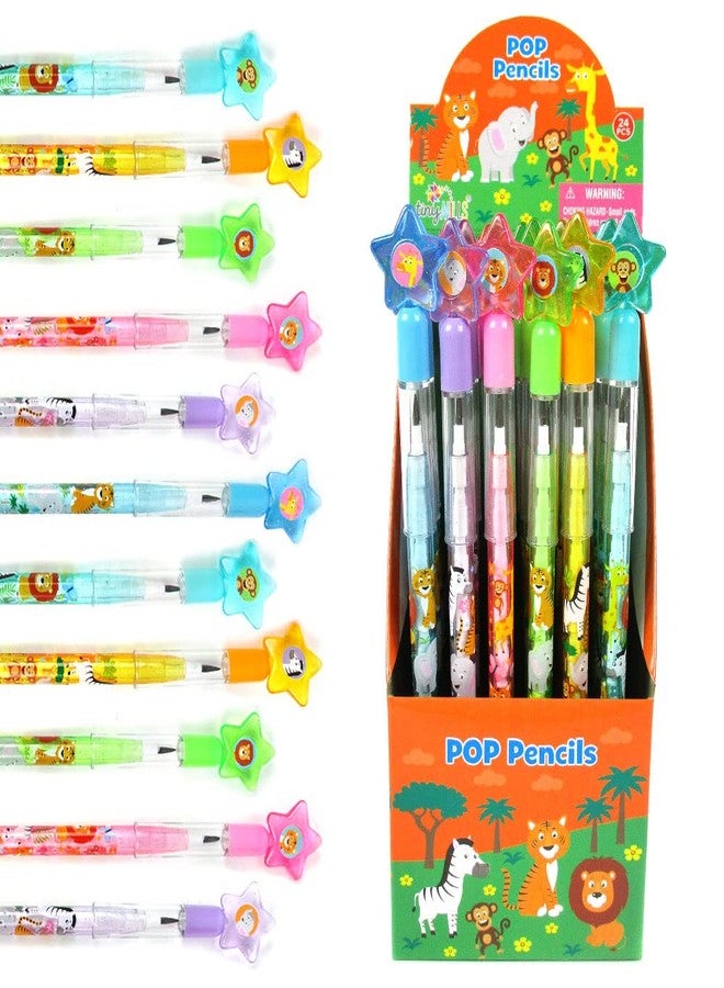TINYMILLS 24 Pcs Safari Jungle Animals Stackable Push Pencil Assortment with Eraser for Party Favors Goodie Bag Stuffers VBS Classroom Rewards Pinata Fillers Carnival Prize Barnyard Party - Image 1