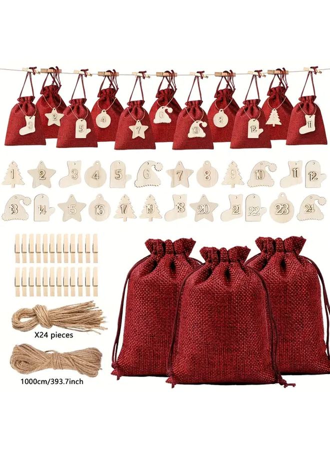 24pcs Reusable Burlap Advent Calendar Bags Numbered 1 24 Red White Striped Drawstring Gift Bags - Image 1