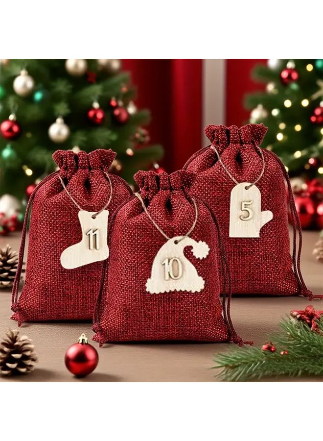 24pcs Reusable Burlap Advent Calendar Bags Numbered 1 24 Red White Striped Drawstring Gift Bags - Image 5