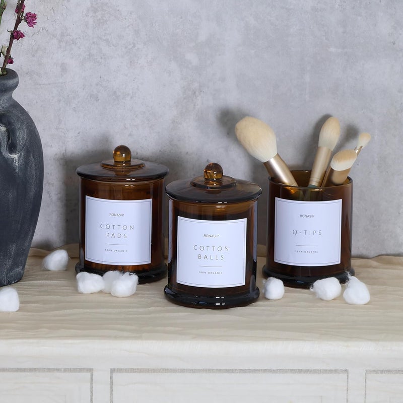 Ronasip 3 Pack Qtip Holder Dispenser, 16oz Bathroom Organizer and Storage Canisters, Glass Apothecary Jars with Lid - Home Decor, Room Decor Aesthetic (Amber) - Image 3