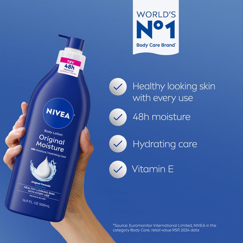 NIVEA Original Moisture Body Lotion with Vitamin E, 48-Hour Body Moisturizer for Normal to Dry Skin, 16.9 Fl Oz Pump Bottle - Image 2