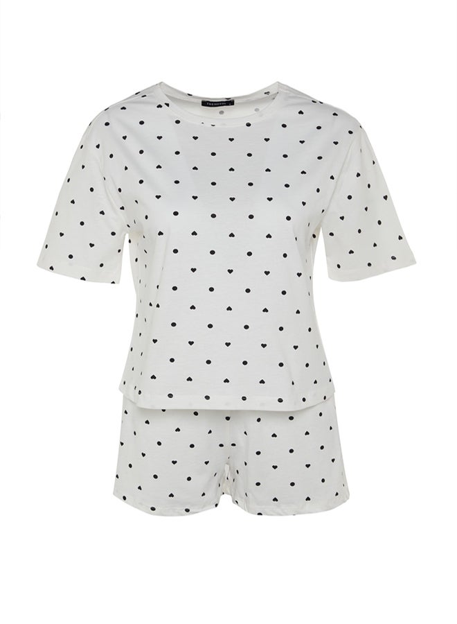trendyol White 100% Cotton Polka Dot and Heart Shorts Knitted Pajama Set - Image 5