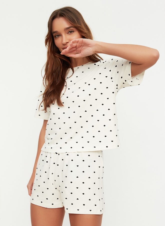 trendyol White 100% Cotton Polka Dot and Heart Shorts Knitted Pajama Set - Image 2
