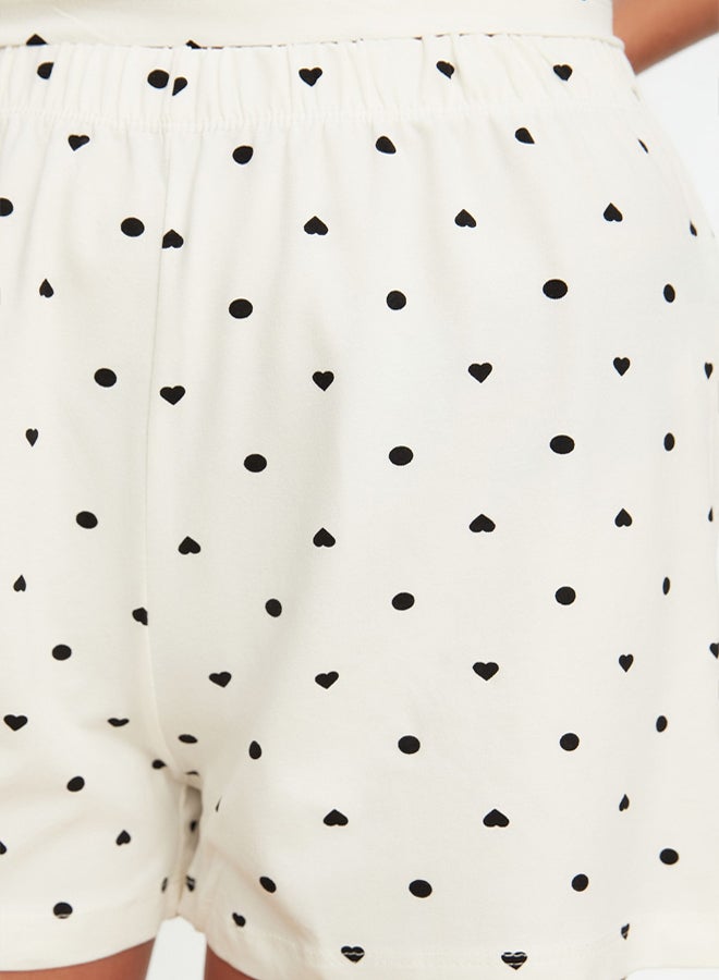 trendyol White 100% Cotton Polka Dot and Heart Shorts Knitted Pajama Set - Image 4