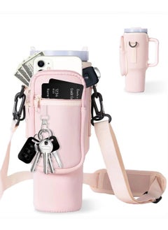 Water Bottle Carrier Bag with Phone Pocket for Stanley 40oz Tumbler Water Bottle Holder Pouch with Adjustable Shoulder Strap and Carabiner Stanley Cup Accessories for Hiking Travelling Camping