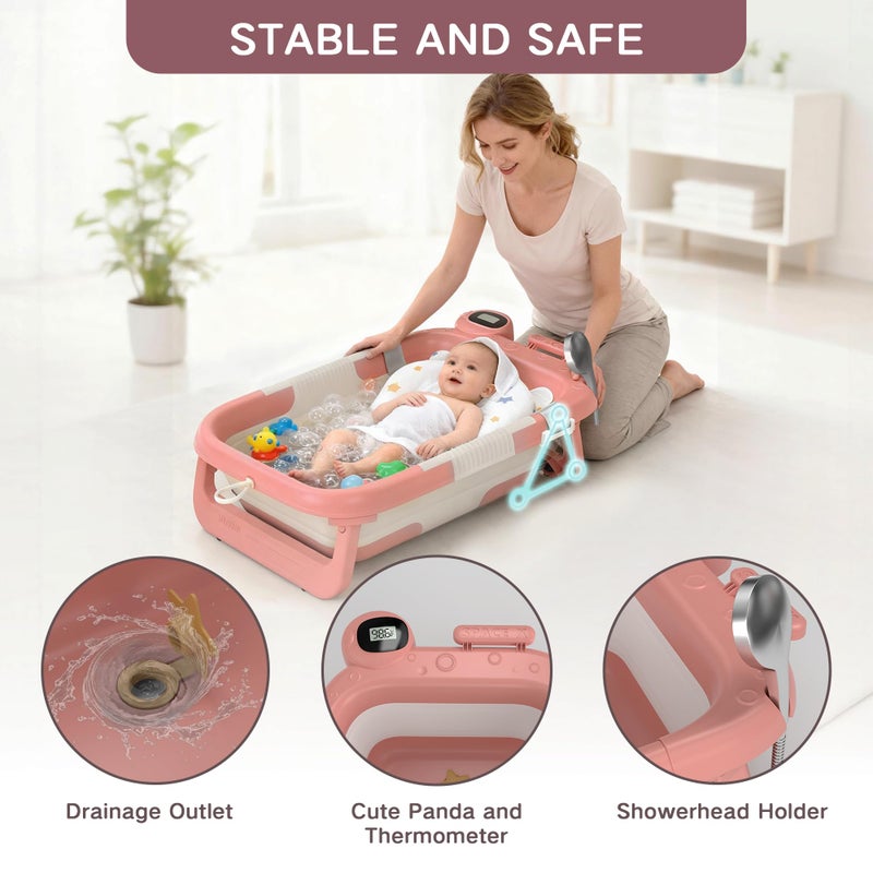 LAUJIA Collapsible Baby Bathtub for Newborn to Toddler (0-24 Months), Portable Baby Bath Tub for Travel, Newborn Bathtub with Soft and Supportive Cushion (Astronaut-Pink) - Image 4