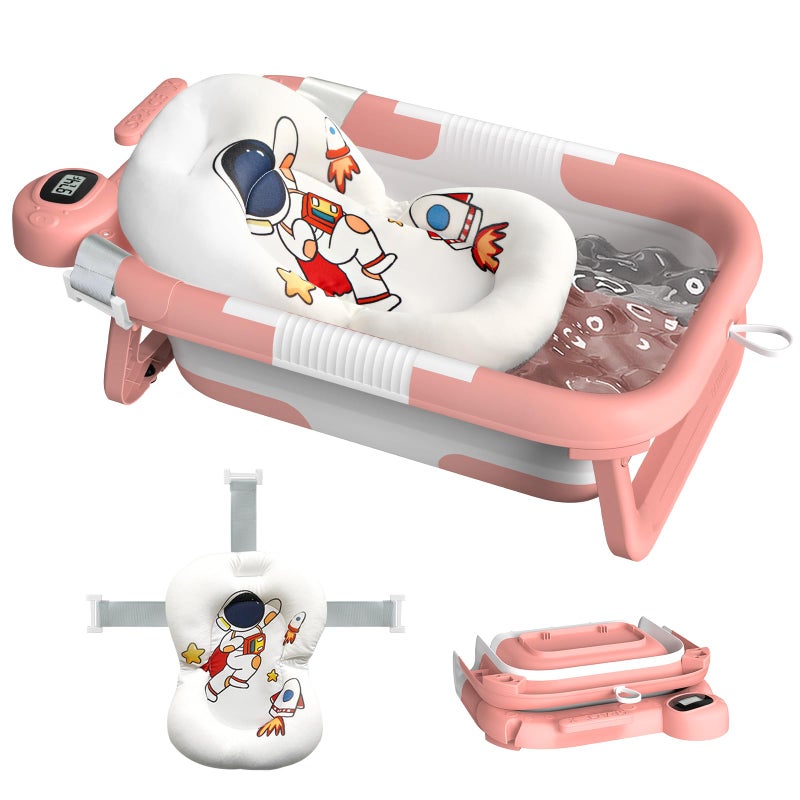 LAUJIA Collapsible Baby Bathtub for Newborn to Toddler (0-24 Months), Portable Baby Bath Tub for Travel, Newborn Bathtub with Soft and Supportive Cushion (Astronaut-Pink) - Image 1