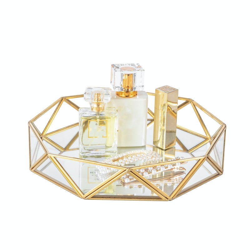 Feyarl Gold Glass Perfume Tray Mirror Vanity Jewelry Trinket Organizer Tray Ornate Cosmetic Makeup Display Decorative Coffee Table Tray for Wedding Home Decor Dresser Tabletop Countertop 95inch
