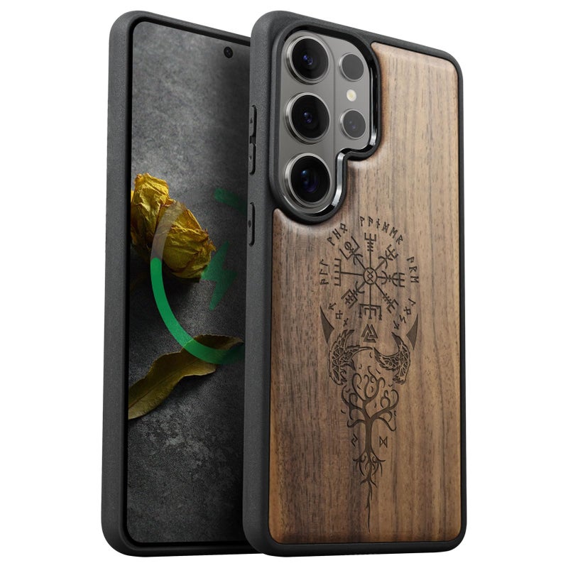 Carveit Magnetic Wooden Case for Samsung Galaxy S26 Ultra Case 2026, TPU Shockproof Cover & Wood Artisan Engraved, Compatible with MagSafe Wireless Chargers (The Guiding Vegvisir) Walnut - Image 1