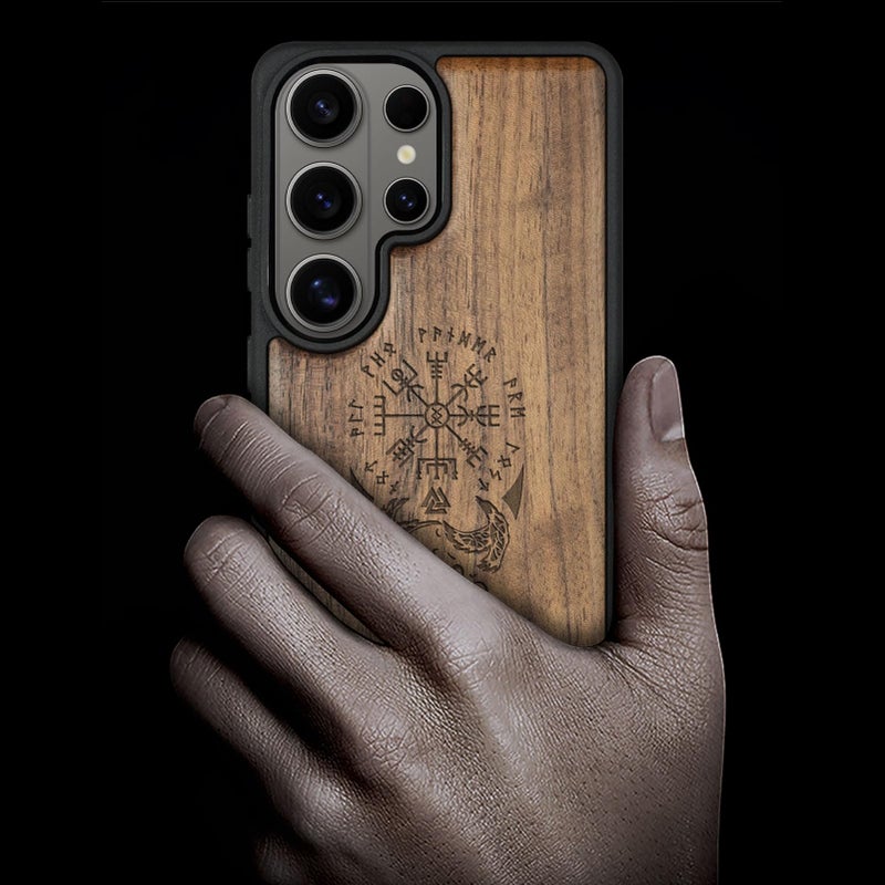 Carveit Magnetic Wooden Case for Samsung Galaxy S26 Ultra Case 2026, TPU Shockproof Cover & Wood Artisan Engraved, Compatible with MagSafe Wireless Chargers (The Guiding Vegvisir) Walnut - Image 2