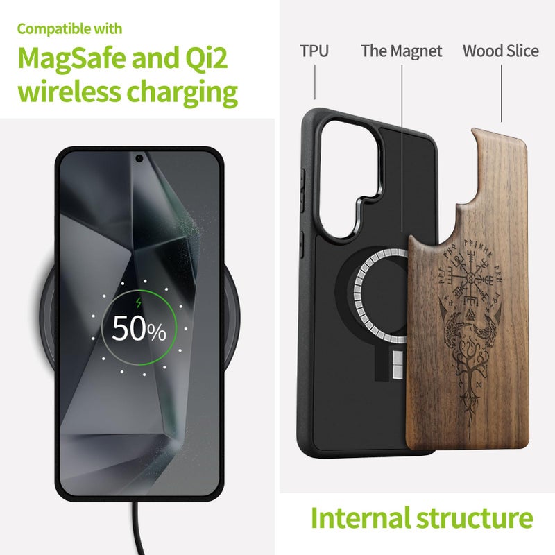Carveit Magnetic Wooden Case for Samsung Galaxy S26 Ultra Case 2026, TPU Shockproof Cover & Wood Artisan Engraved, Compatible with MagSafe Wireless Chargers (The Guiding Vegvisir) Walnut - Image 4