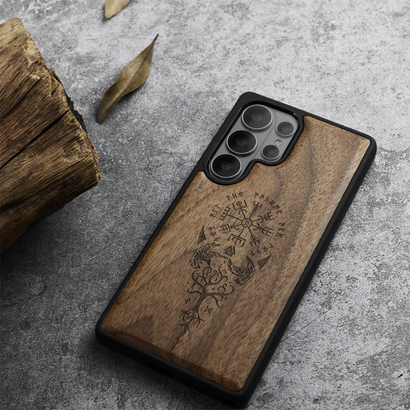 Carveit Magnetic Wooden Case for Samsung Galaxy S26 Ultra Case 2026, TPU Shockproof Cover & Wood Artisan Engraved, Compatible with MagSafe Wireless Chargers (The Guiding Vegvisir) Walnut - Image 3
